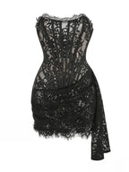 Lace Strapless Corset Eyelash Trim Draped Sash Mini Dress
