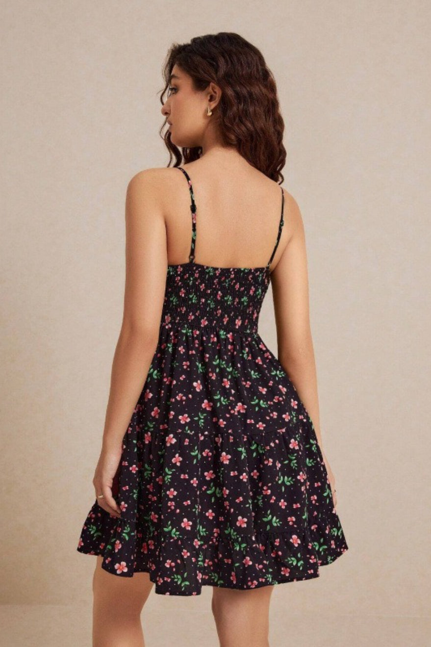 Ditsy Floral Polka Dot Print Tiered Ruffle Spaghetti Strap Mini Dress
