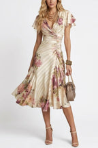 Floral Print V-neck Ruffled Sleeves Waist-cinching Pleated Elegant Midi Dress