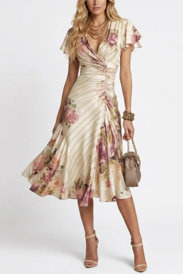 Floral Print V-neck Ruffled Sleeves Waist-cinching Pleated Elegant Midi Dress