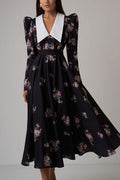 Contrast Collar Puff Sleeve Belted Ditsy Floral Print Midi Dress