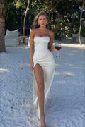 Strapless Corset Lace Trim Knot Drape High Thigh Slit Satin Maxi Dress
