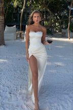 Strapless Corset Lace Trim Knot Drape High Thigh Slit Satin Maxi Dress