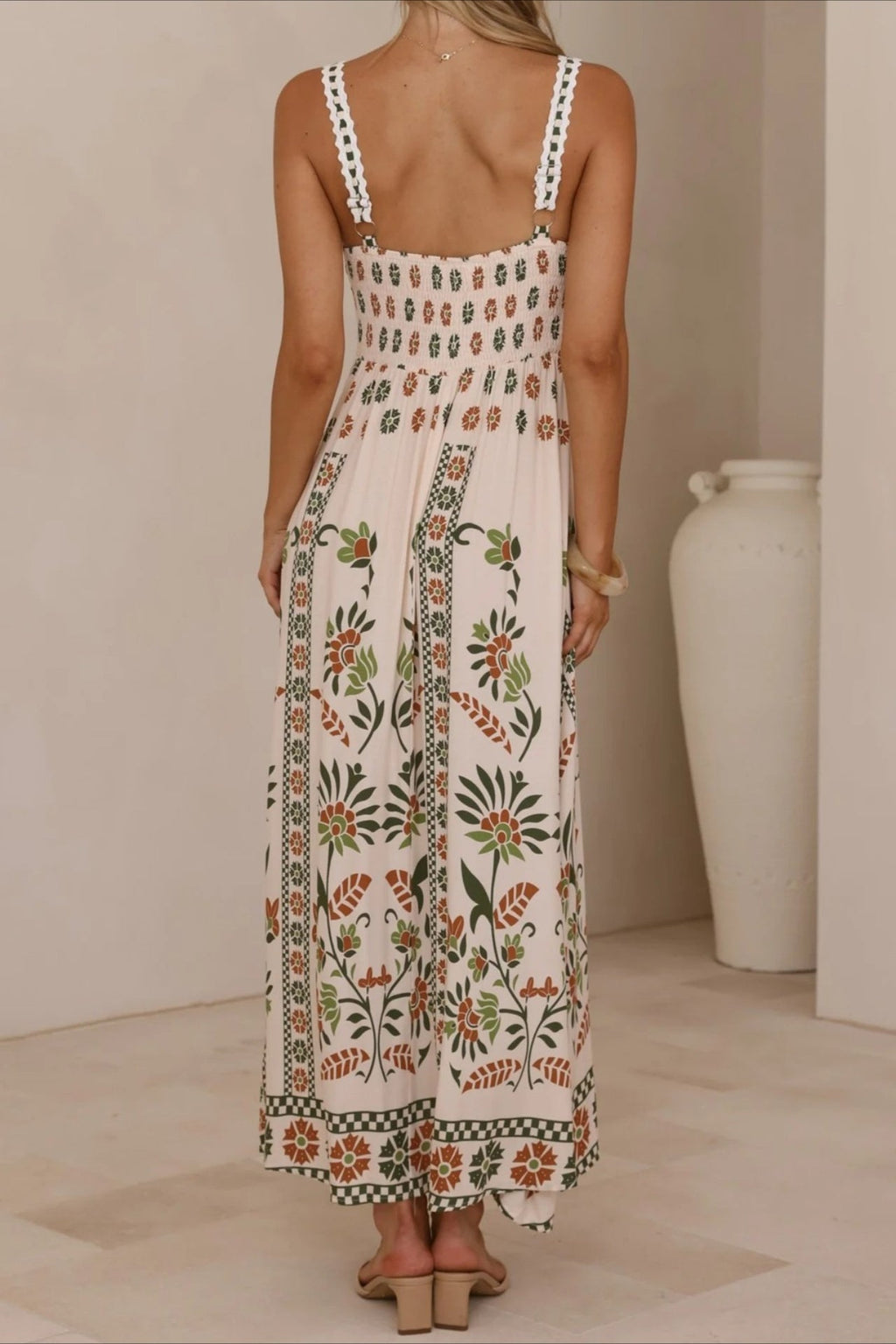 Square Neck Lace Trim Empire Waist Geometric Floral Border Maxi Dress