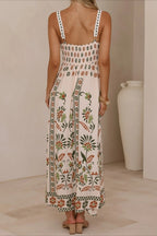 Square Neck Lace Trim Empire Waist Geometric Floral Border Maxi Dress
