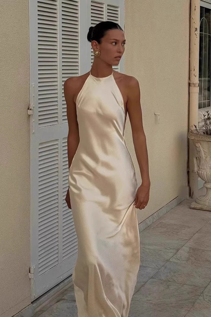 Satin Halter Neck Column Slip Maxi Gown