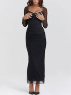 Lace Trim Corset Bodice Mesh Sleeve Ruched Bodycon Maxi Dress