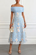 Elegant Ruched Off-Shoulder Floral Appliqué Midi Dress