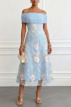 Elegant Ruched Off-Shoulder Floral Appliqué Midi Dress