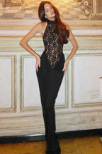 Halter Lace Collar Floral Lace Panel Ruched Bodycon Maxi Dress