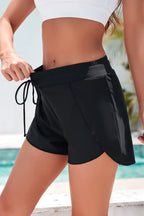 Black Solid Color 2-in-1 Drawstring Elastic Waist Swim Shorts