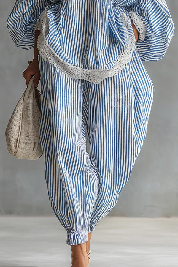 Striped Printed V-neck Lantern Sleeve Lace-trimmed Loose Top and Elastic Waist Casual Wide-leg Pants Set