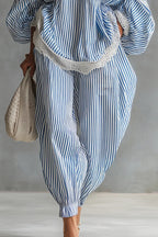 Striped Printed V-neck Lantern Sleeve Lace-trimmed Loose Top and Elastic Waist Casual Wide-leg Pants Set