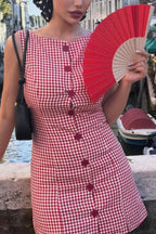 Retro Plaid Print Sleeveless Round Neck Button Casual Mini Dress