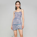 Spaghetti Strap Sweetheart Ruched Shimmer Wrap Front Mini Dress