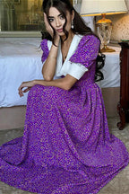 Purple Tie Waist Short Sleeve Babydoll Floral Dress