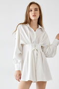 Pointed Collar Puff Sleeve Lace-Up Corset Waist Shirt Mini Dress