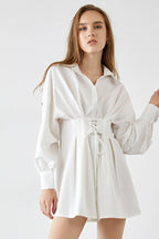 Pointed Collar Puff Sleeve Lace-Up Corset Waist Shirt Mini Dress