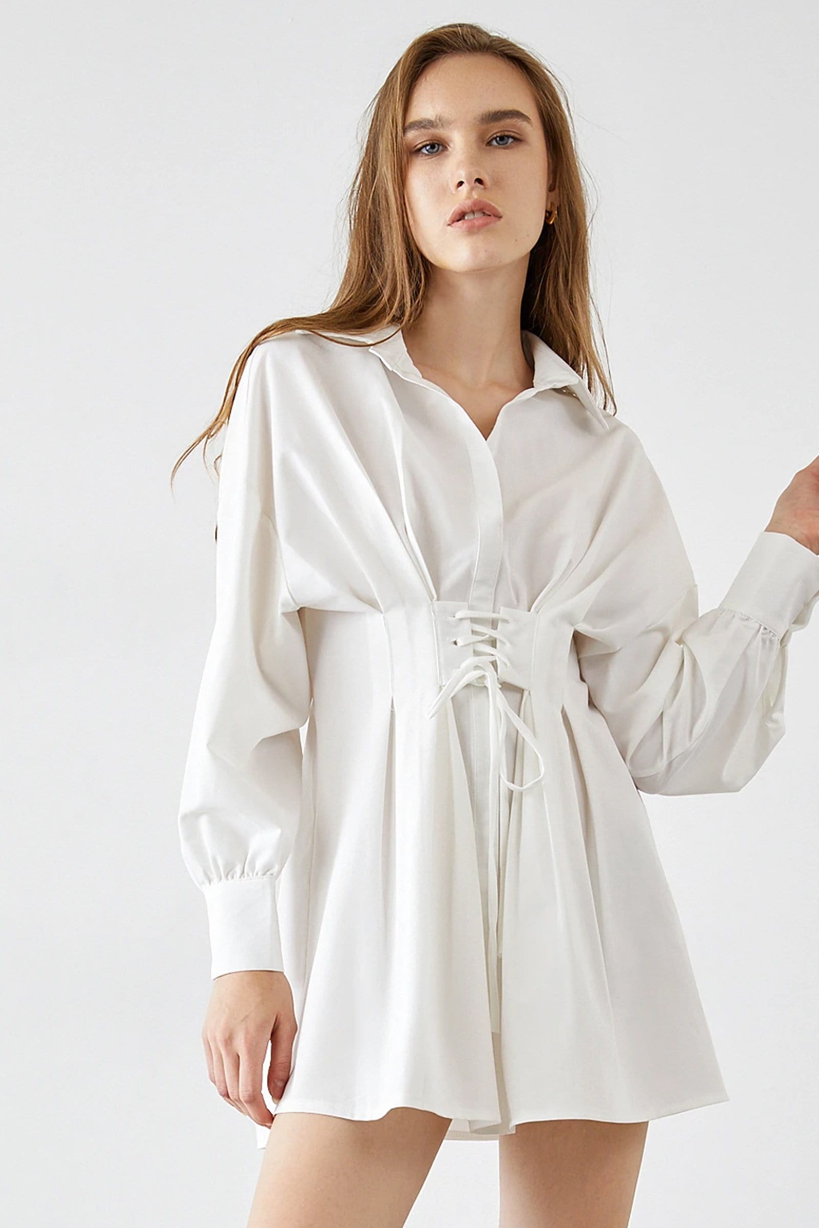 Pointed Collar Puff Sleeve Lace-Up Corset Waist Shirt Mini Dress