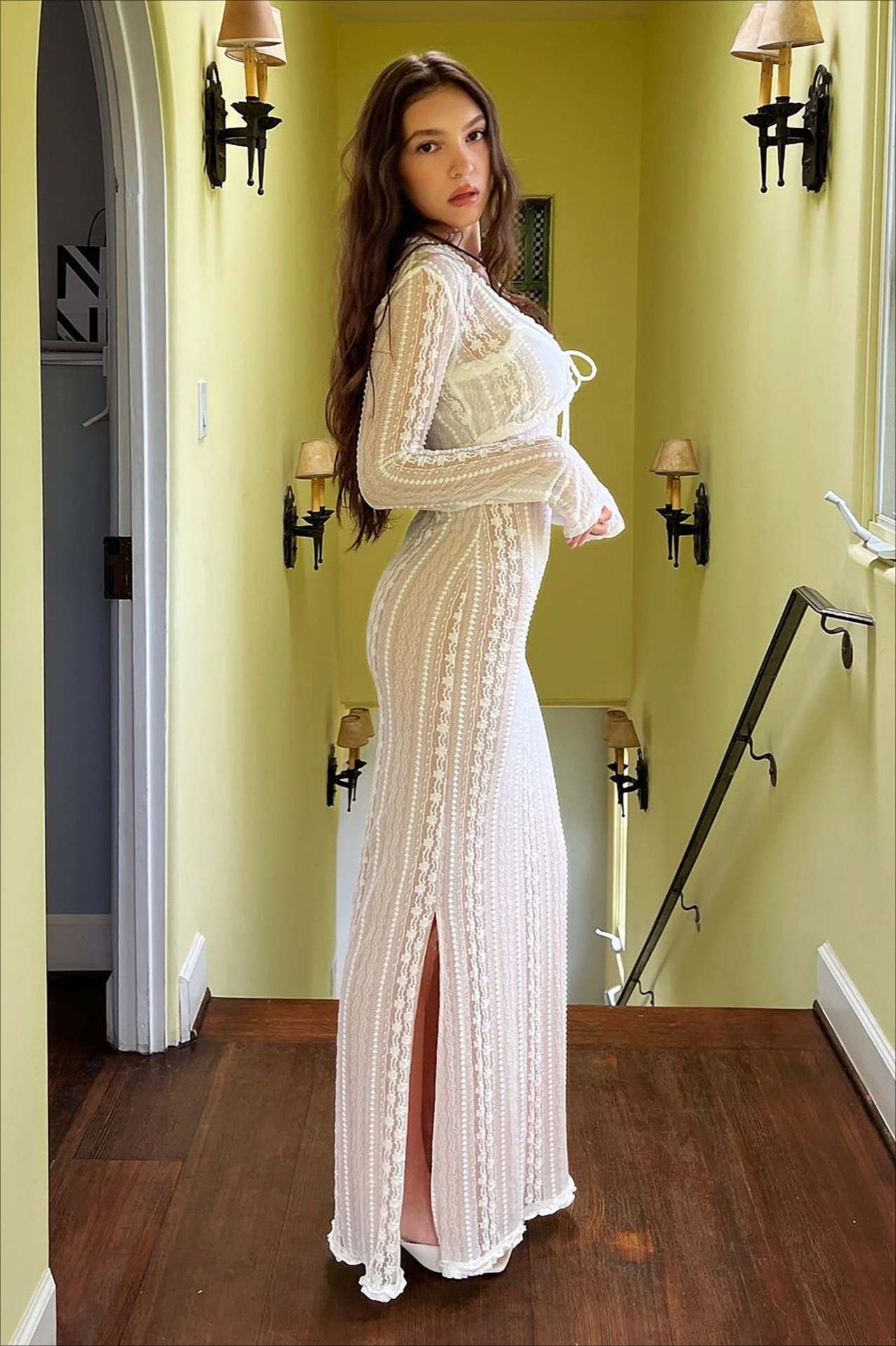 Lace Long Sleeve Tie Front Deep V-Neck Ruffle Trim Bodycon Maxi Dress