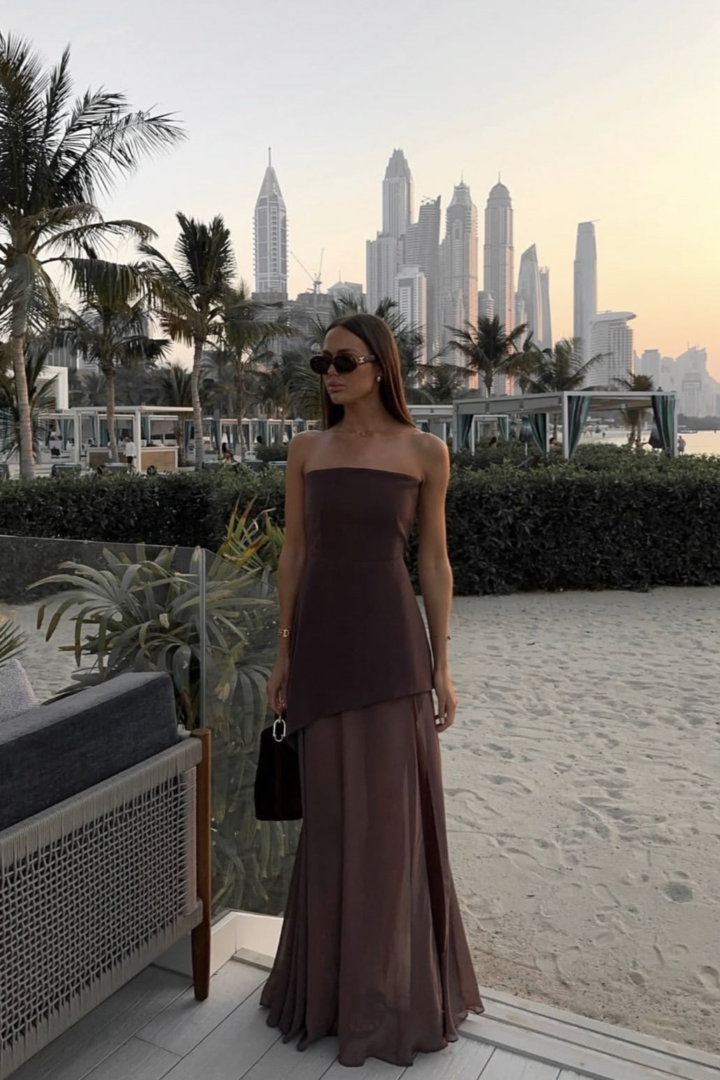 Strapless Structured Bodice Choker Neck Layered Sheer Chiffon Maxi Dress
