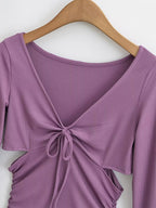 Solid V Neck Side Cutout Trumpet Sleeve Long Sleeve Knit
