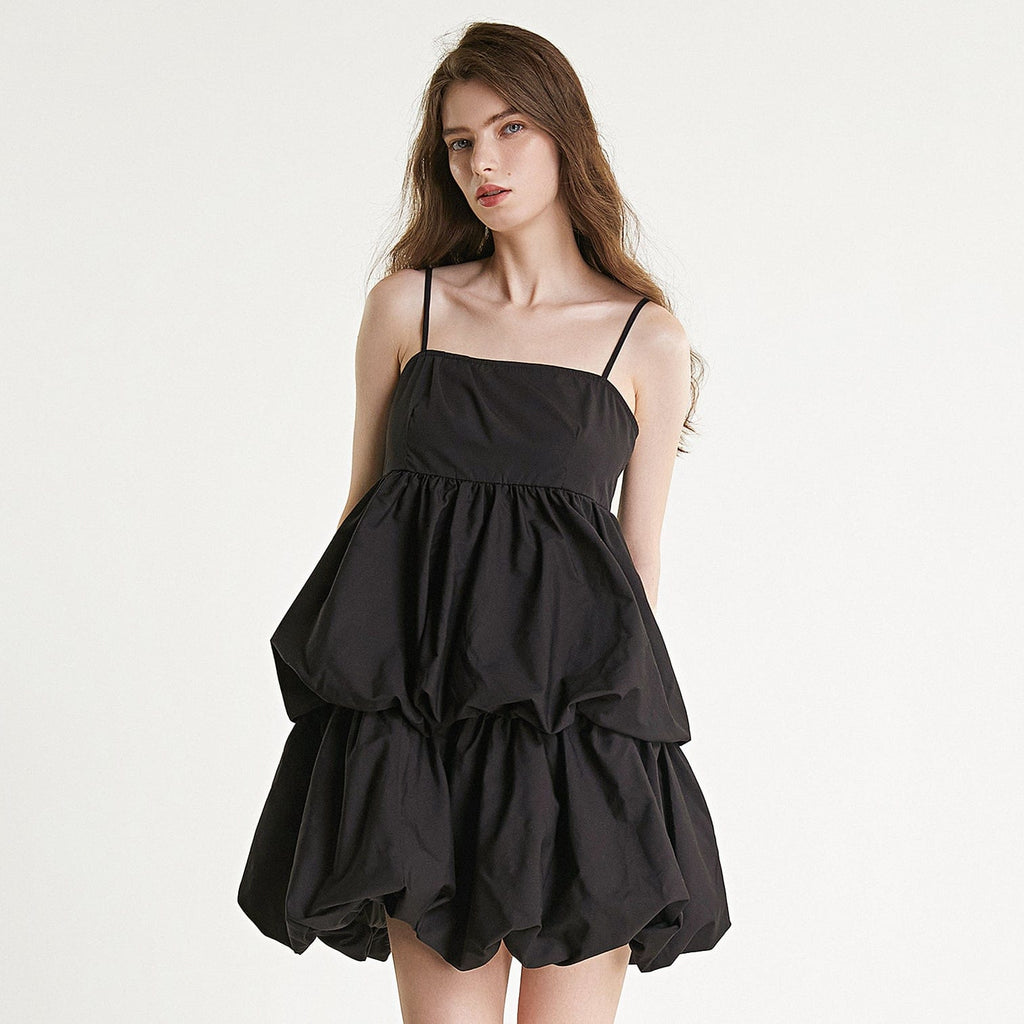 Spaghetti Strap Square Neck Tiered Bubble Hem Empire Waist Mini Dress