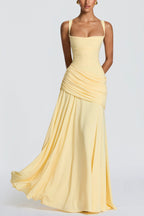 Stylish Spaghetti Strap Square Neck Slim-fit Elegant Pleated Maxi Dress