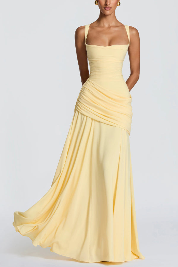 Stylish Spaghetti Strap Square Neck Slim-fit Elegant Pleated Maxi Dress
