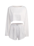 Solid Cutout Loose Long Sleeve Tee & Shorts Set