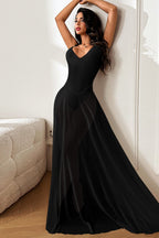 Mesh Overlay Deep V-Neck Spaghetti Strap A-Line Maxi Dress