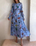Personalized Graffiti Lantern Sleeve Long Hollow Waist Dress