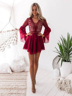 Boho Lace Mini Dress for Women - V Neck Bell Sleeve A Line Skater Dress - Spring Semi-formal Party Wear 2026