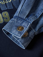 Denim Splice Letter Print Lapel Neck Oversized Hoodie