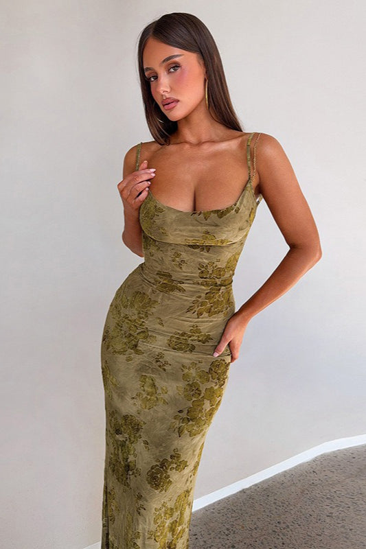 Green Spaghetti Strap Backless Chain Detail Burnout Floral Mesh Maxi Dress
