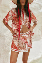 Floral Print Collared Short-sleeved Loose-fitting Shirt and Casual Floral Trim Mini Skirt Set