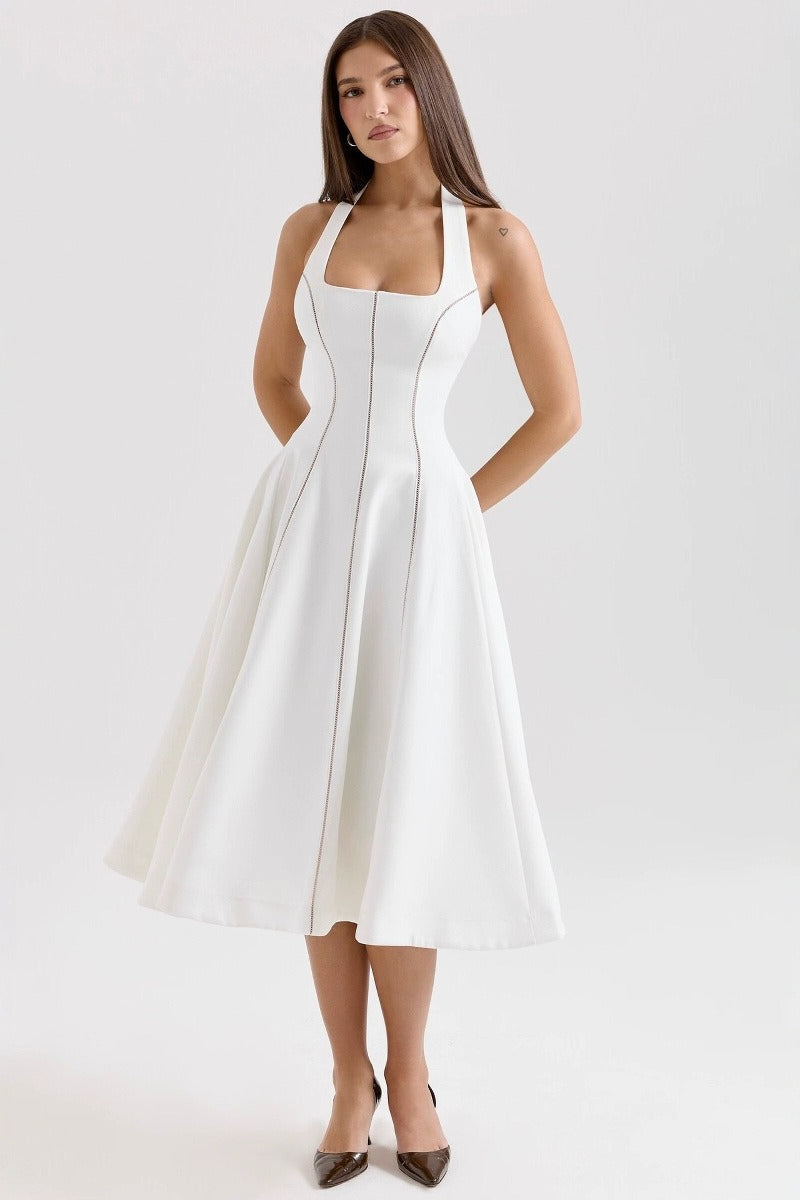 Halter Neck Square Neck Contrast Trim Fit and Flare Midi Dress