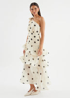 Polka Dot One-Shoulder Ruffle Maxi Dress