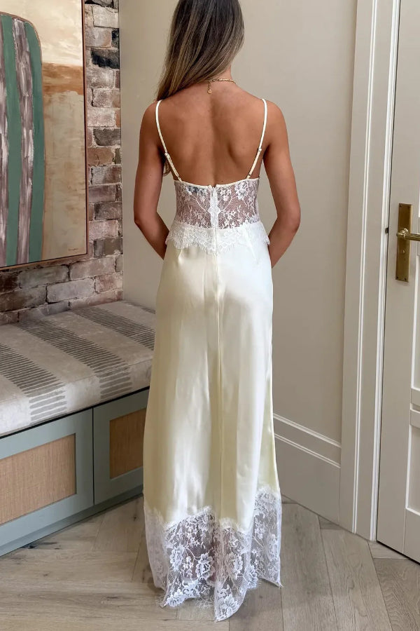 Fashionable Satin Lace Patchwork Sheer V-neck Elegant Slim-fit Maxi Dress