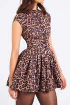 Print Crew Neck Cap Sleeve Fit and Flare Puff Skirt Mini Dress