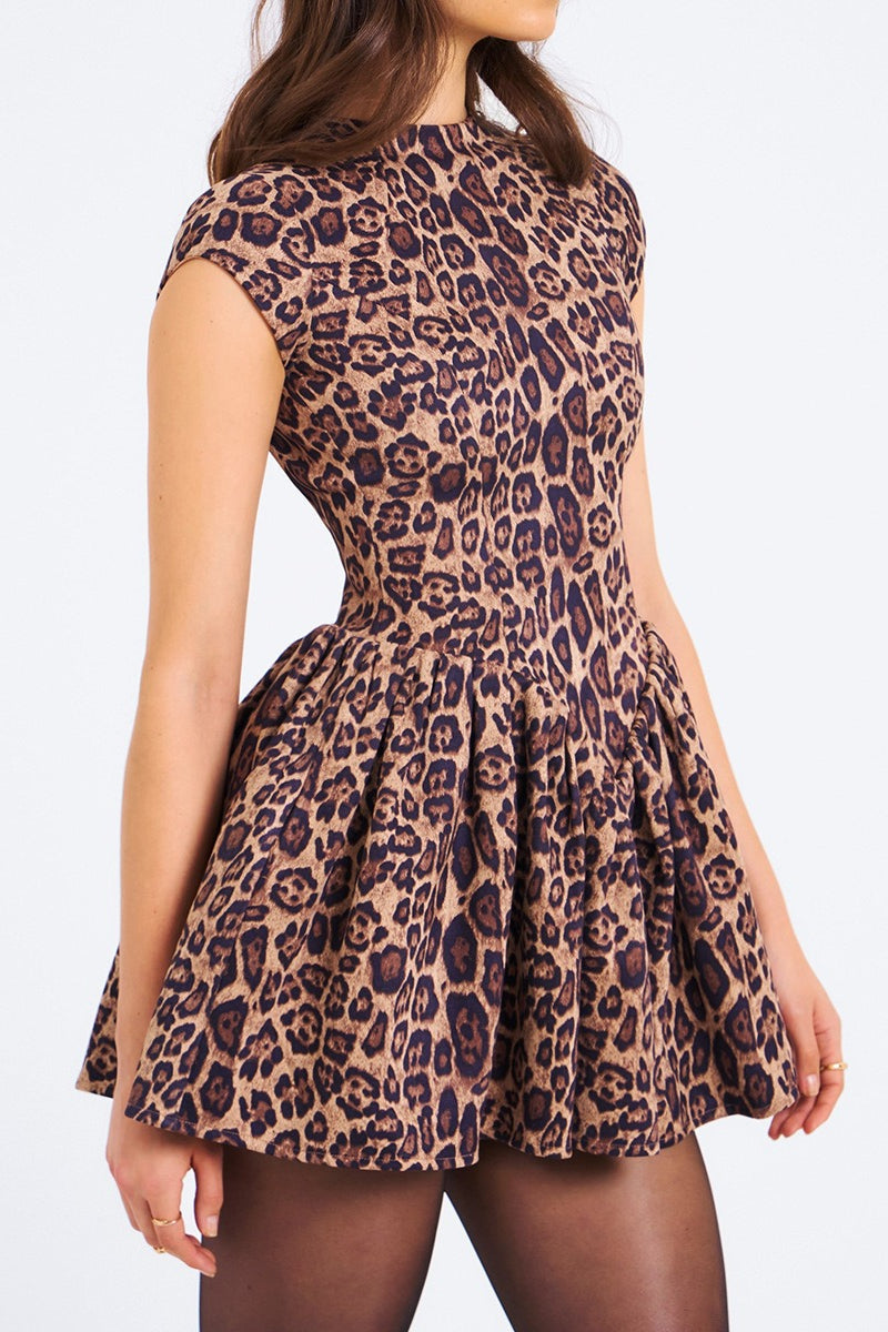 Print Crew Neck Cap Sleeve Fit and Flare Puff Skirt Mini Dress