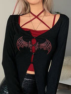 Bat Print Breasted Irregular Hem Long Sleeve Tee