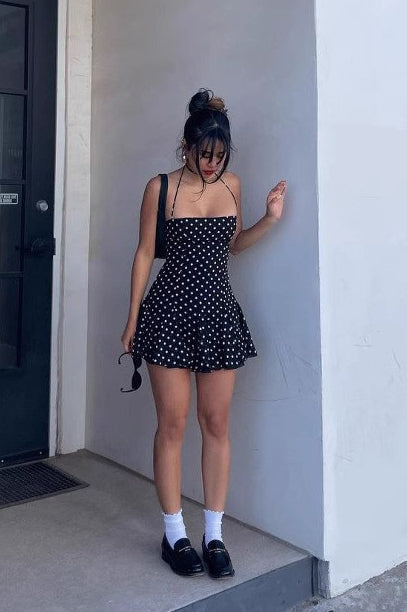 Polka Dot Halter Neck Flounce Hem Mini Dress
