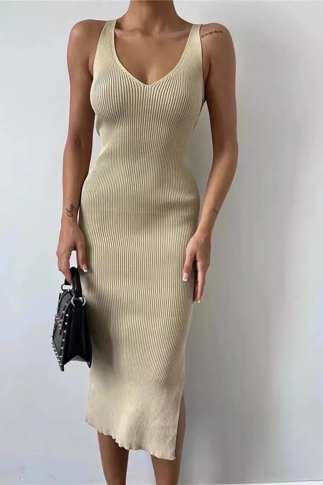 Ribbed Knit Deep V-Neck Side Slit Bodycon Midi Sweater Dress