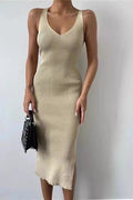 Ribbed Knit Deep V-Neck Side Slit Bodycon Midi Sweater Dress
