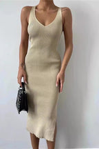 Ribbed Knit Deep V-Neck Side Slit Bodycon Midi Sweater Dress