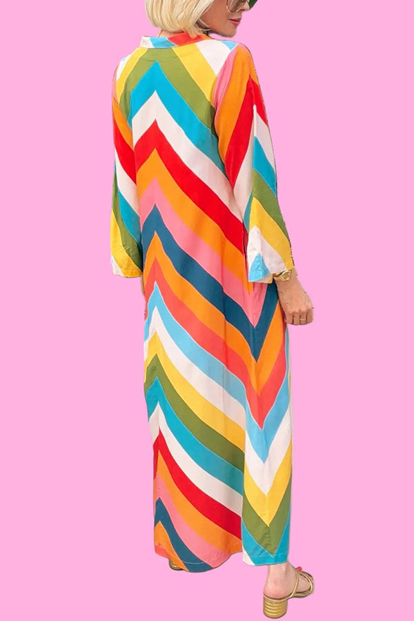 Rainbow Skyline Color-block Print Pocket A-line Shirt Maxi Dress