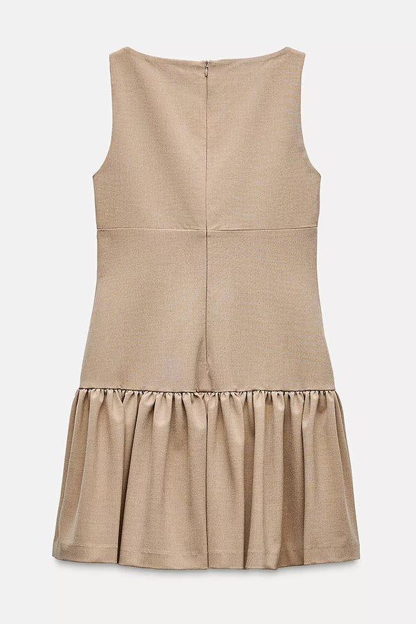 Velvet Bow Trim Drop Waist Gathered Pleated Mini Dress