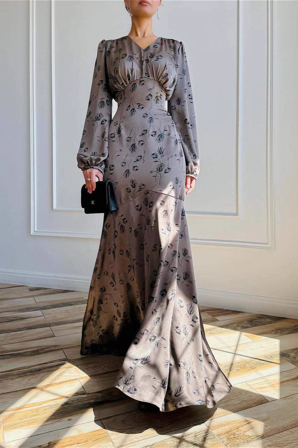 Elegant Satin High Waist Floral Dress