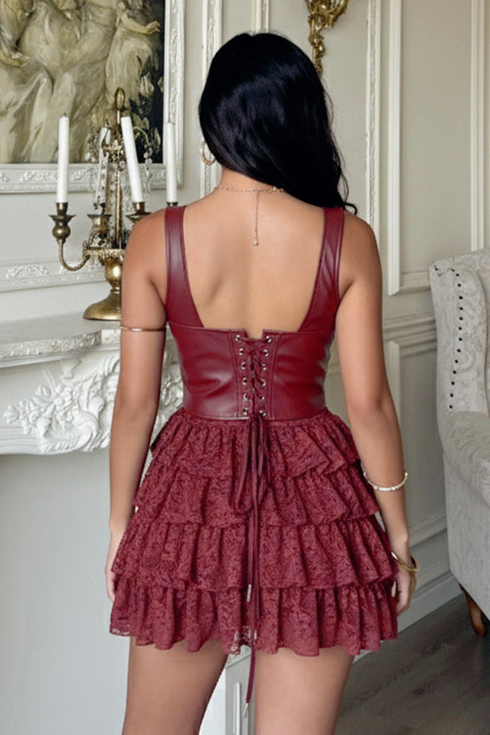 Faux Leather Corset Heart Button Lace Tiered Ruffle Mini Dress